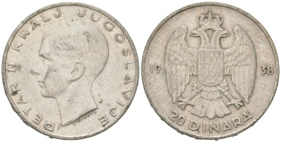 Югославия 20 динаров 1938 Петр II (1934-1945) KM 23 серебро 4182-436