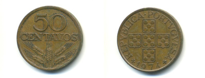 ПОРТУГАЛИЯ 50 СЕНТАВО 1974 KM 596 бронза 80-357