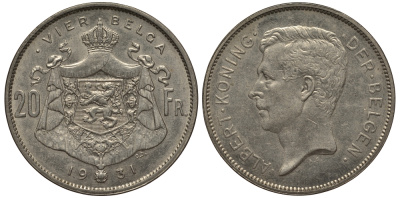 Бельгия 20 франков 1931 BELGA, Альберт I (1909-1934), редкая монета, монетный тип, немецкая легенда KM 120 никель 413-3945