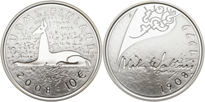 Финляндия 10 евро 2008 Мика Валтари, писатель KM 142 серебро  PROOF 11-114-23