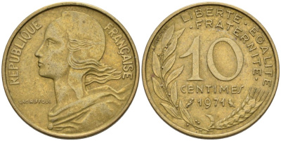 ФРАНЦИЯ 10 САНТИМОВ 1971 ТИП MARIANNE KM 929, LE FRANC 144.11 медь алюминий никель 4573-1025