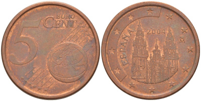 ИСПАНИЯ 5 ЕВРОЦЕНТОВ 2004 KM 1042 сталь плакированная медью 4543-336