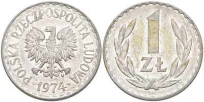 ПОЛЬША 1 ЗЛОТЫЙ 1974 MW KM 49.1 алюминий 106-527