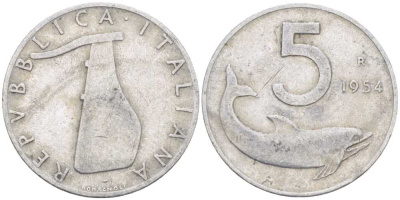 ИТАЛИЯ 5 ЛИР 1954 R, РУЛЬ, ДЕЛЬФИН KM 92 алюминий 175-112