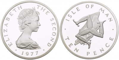 Остров Мэн 10 пенсов 1977 Елизавета II (1952-2022), тираж 10000 экземпляров КМ 36.1a серебро PROOF 650-531