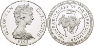 Остров Мэн 1 крона 1980 200 лет дерби, ипподромные скачки KM 63а серебро PROOF 1082-2-24