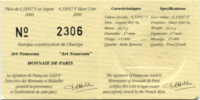 Франция 1 евро = 6,55957 франков 2000 стиль арт-нуво в архитектуре (XIX-XX веков) в оригинальной коробке, с сертификатом KM 1227 серебро PROOF 4-3-2-13
