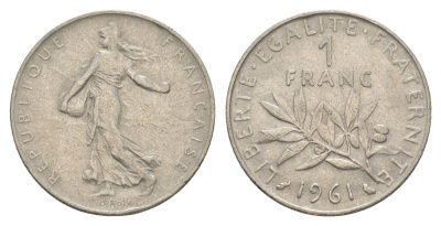 Франция 1 франк 1961 сеятель KM 925 никель 4539-1232