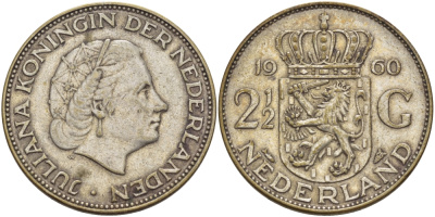 Нидерланды 2 1/2 гульдена 1960 Юлиана (1948-1980) KM 185 серебро 82-1146