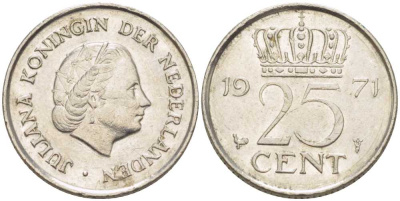 НИДЕРЛАНДЫ 25 ЦЕНТОВ 1971 ЮЛИАНА (1948-1980) KM 183 никель 214-957