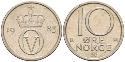 Норвегия 10 эре 1983 Улаф V (1958-1991) KM 416 медно-никель 4580-1017
