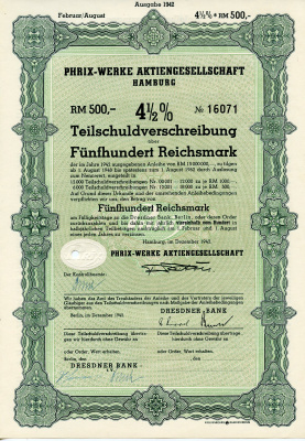 Германия 500 рейхсмарок 1942 АО Phrix-Werke, Гамбург, 4 1/2% облигация   бумага  8804-101-1
