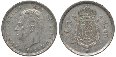 Испания 5 песет 1975 (79) Хуан Карлос I (1975-2014) KM 807 медно-никель 4128-1157