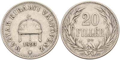 Венгрия 20 филлеров 1893 КВ, Франц Иосиф I (1848-1916) KM 483 никель 190-652