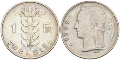 БЕЛЬГИЯ 1 ФРАНК 1962 BELGIE KM 143.1 медно-никель 68-535