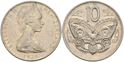 Новая Зеландия 10 центов 1978 Елизавета II (1952-2022), маска маори KM 41.1 медно-никель 4364-3521