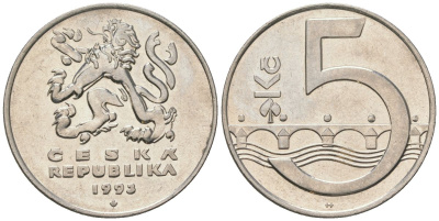 Чехия 5 крон 1993 leaf, чешский лев, Карлов мост KM 8 сталь плакированная никелем 4592-117