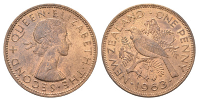 Новая Зеландия 1 пенни 1963 Елизавета II (1952-2022), новозеландский туи KM 24.2 бронза aUNC 4587-135
