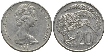 Новая Зеландия 20 центов 1982 Елизавета II (1952-2022), птичка киви KM 36.1 медно-никель 81-624