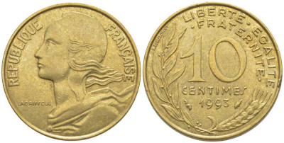 ФРАНЦИЯ 10 САНТИМОВ 1993 ТИП MARIANNE KM 929, LE FRANC 144.35 медь алюминий никель 116-428