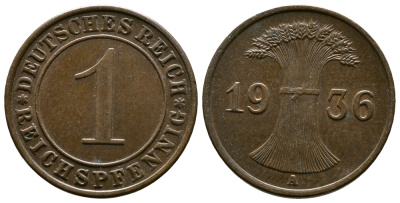 Германия 1 рейхспфенниг 1936 A KM 37, J. 313 бронза 220-138