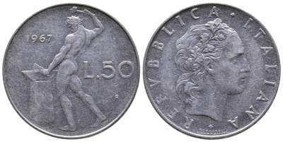 ИТАЛИЯ 50 ЛИР 1967 R, КУЗНЕЦ KM 95.1 сталь 93-441