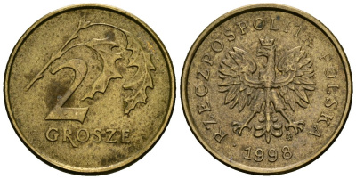 Польша 2 гроша 1998 MW KM 277, Parchimowicz 702e латунь 4136-763