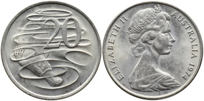 Австралия 20 центов 1974 Елизавета II (1952-2022), утконос KM 66 медно-никель UNC 41-515