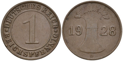 Германия 1 рейхспфенниг 1928 D KM 37, J. 313 бронза 4549-456