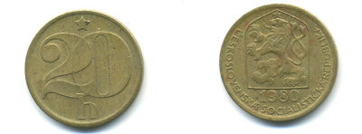 ЧЕХОСЛОВАКИЯ 20 ГЕЛЛЕРОВ 1981 KM 74 латунь 89-1821