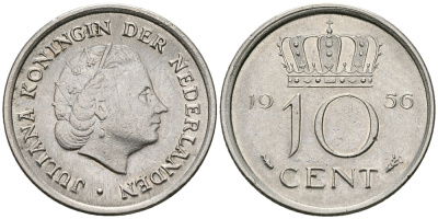 НИДЕРЛАНДЫ 10 ЦЕНТОВ 1956 ЮЛИАНА KM 182 никель 96-349