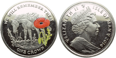 Остров Мэн 1 крона 2014 в память героев первой мировой войны, одинокая лошадь, красный мак KM NEW медно-никель, эмаль  PROOF  1071-4-33