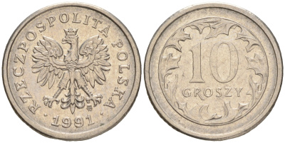 ПОЛЬША 10 ГРОШЕЙ 1991 MW KM 279 медно-никель 4528-238