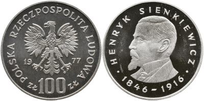 Польша 100 злотых 1977 MW, Генрик Сенкевич (1846-1916) KM 88, Parchimowicz 277 серебро PROOF 441-611
