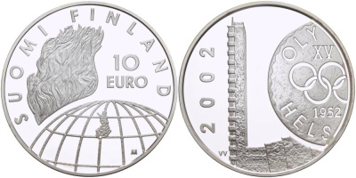 Финляндия 10 евро 2002 50 лет Олимпиаде 1952 года в Хельсинки KM 107 серебро PROOF 1084-9-24