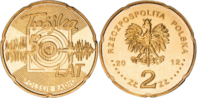 Польша 2 злотых 2012 MW, 50 лет радио "тройка" KM 816 нордик UNC 4513-915