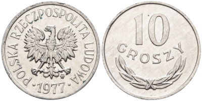 Польша 10 грошей 1977 MW, Народная Республика KM АА47, Parchimowicz 206p алюминий aUNC 4580-625
