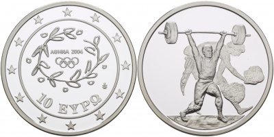 Греция 10 евро 2004 XXVIII летние Олимпийские игры 2004 года в Афинах, тяжелая атлетика, штанга KM 202 серебро PROOF 1098-5-62