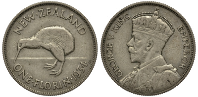 Новая Зеландия 1 флорин 1934 Георг V (1910-1936), птичка киви KM 4 серебро 272-1224