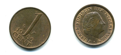 НИДЕРЛАНДЫ 1 ЦЕНТ 1966 ЮЛИАНА KM 180 бронза 76-264