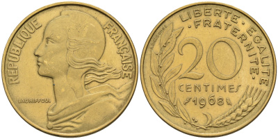 Франция 20 сантимов 1968 тип Marianne KM 930 медь алюминий никель    4595-1111
