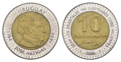 Уругвай 10 песо 2000 KM 121 биметалл 4635-541