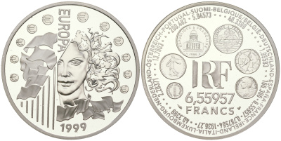 Франция 1 евро = 6,55957 франков 1999 страны Евросоюза, введение евро, курс франка к евро, в оригинальной коробке KM 1255 серебро  PROOF  3-4-11-17