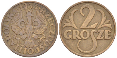ПОЛЬША 2 ГРОША 1934 w KM 9a, Parchimowicz 102i бронза VF 4181-1158