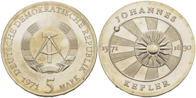 ГДР 5 марок 1971 А, 400 лет со дня рождения Иоганна Кеплера KM 30, J. 1534 KM 30 медно-никель UNC 82-1134