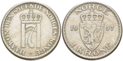 НОРВЕГИЯ 1 КРОНА 1957 ХОКОН VII (1905-1957) KM 397 медно-никель 4402-132