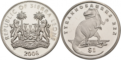 Сьерра-Леоне 1 доллар 2006 серия динозавры, тираннозавр Рекс KM 309 медно-никель UNC M9-20