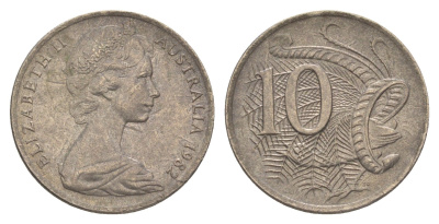 Австралия 10 центов 1982 Елизавета II (1952-2022), птица лирахвост KM 65 медно-никель 4364-1757