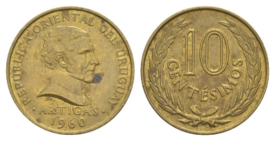 Уругвай 10 сентесимо 1960 KM 39 никель латунь 4637-254