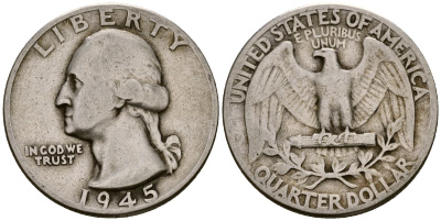 США 25 центов = квотер 1945 Вашингтон KM 164 серебро 4177-717